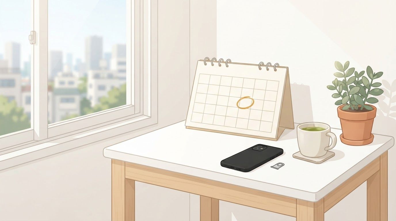Sunny-window desk with a phone, SIM eject pin and a paper calendar with one day circled in amber