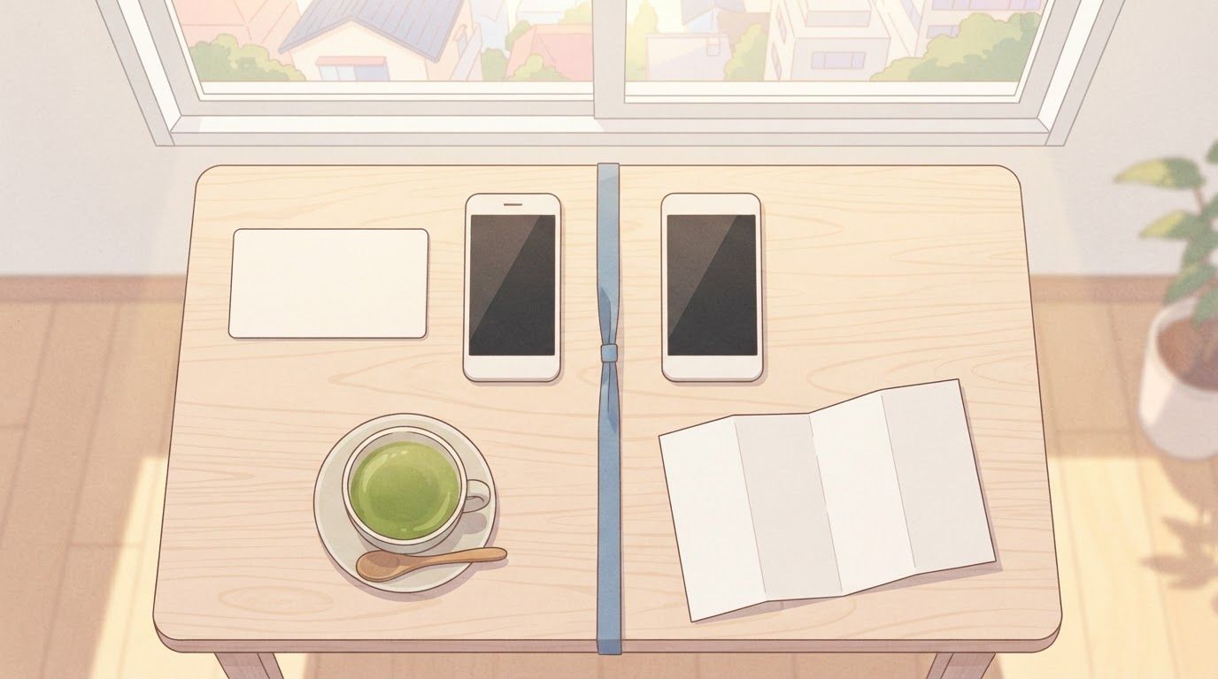 日差しの入る机に置かれた2台のスマホと白いカード、緑茶、そして2台の間に渡した青いリボン