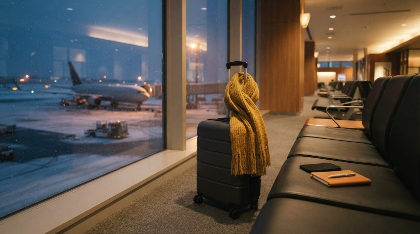 夕暮れの空港ラウンジ、からし色のマフラーをかけたスーツケースと窓の外の雪の中に待つ飛行機