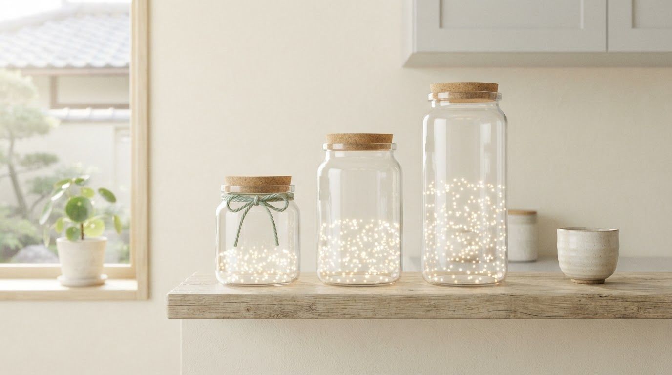 Three glass jars filled to different low levels on a kitchen shelf, one tied with green string