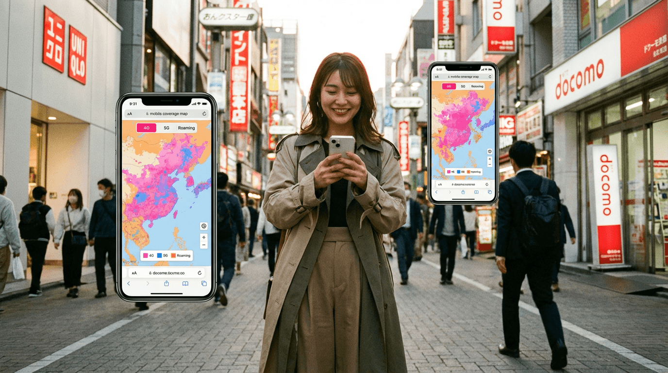 楽天モバイルのエリアマップ画面。住所や郵便番号で4G・5Gエリアを検索確認できるインタラクティブマップ。