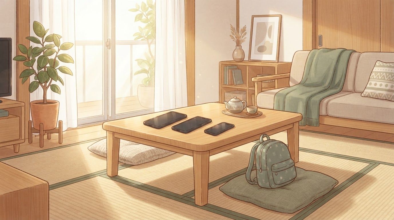 Three phones on a low wooden table in a bright Japanese living room, a child’s backpack on a cushion