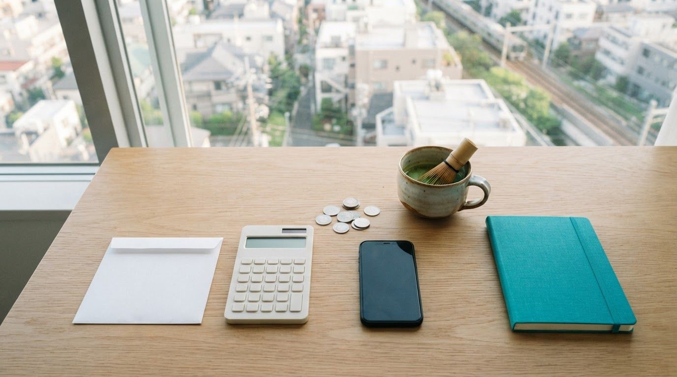 窓辺の木の机に白い封筒、電卓、小銭、伏せたスマホ、青緑のノートを並べた俯瞰の写真